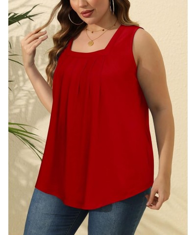 Summer Tank Tops for Women Loose Fit Pleated Square Neck Sleeveless Tops Curved Hem Flowy 06-red $11.19 Tanks