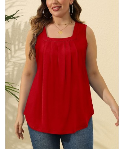 Summer Tank Tops for Women Loose Fit Pleated Square Neck Sleeveless Tops Curved Hem Flowy 06-red $11.19 Tanks