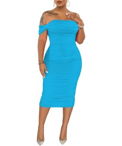 Women Ruched Off Shoulder Dress Bodycon Party Elegant Midi Dresses 3288 Lake Blue $20.70 Dresses