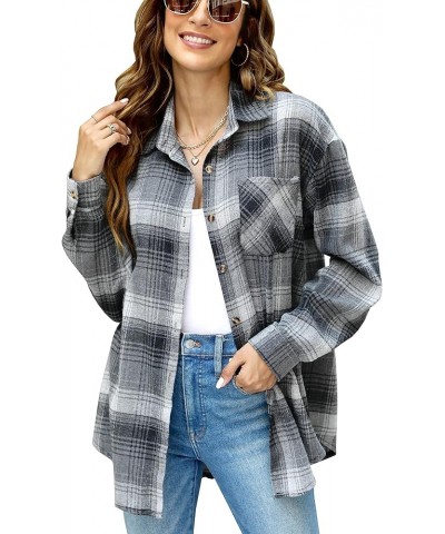 Oversized Flannel Shirt Women Long Sleeve Plaid Button Buffalo Shirt Blouse Tops with One Pocket Gray $12.50 Blouses