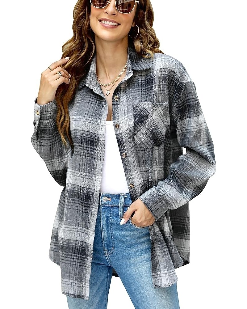 Oversized Flannel Shirt Women Long Sleeve Plaid Button Buffalo Shirt Blouse Tops with One Pocket Gray $12.50 Blouses