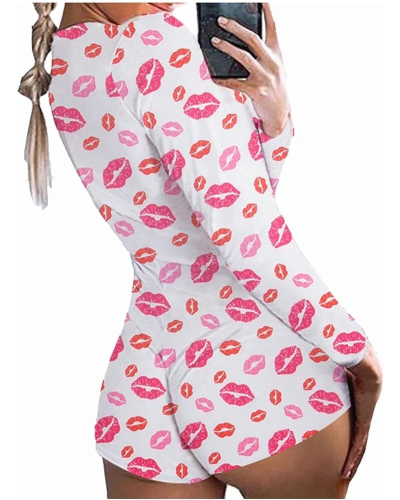 Womens Sexy Deep V Neck One Piece Pajamas Onesie Bodycon Rompers Pjs Valentines Lip Print $14.62 Jumpsuits