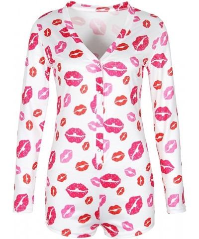 Womens Sexy Deep V Neck One Piece Pajamas Onesie Bodycon Rompers Pjs Valentines Lip Print $14.62 Jumpsuits