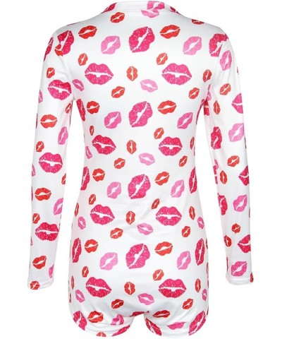 Womens Sexy Deep V Neck One Piece Pajamas Onesie Bodycon Rompers Pjs Valentines Lip Print $14.62 Jumpsuits