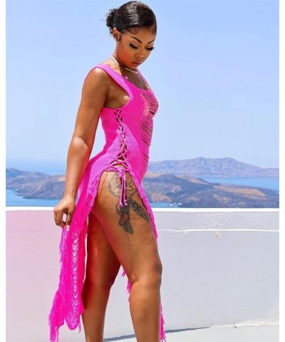 Womens Sexy Summer Sleeveless Solid Color Knitted Crochet Tassel Beach Dress Vacation Dress Red $19.08 Swimsuits