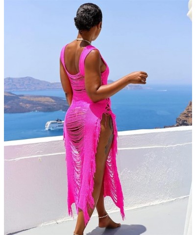 Womens Sexy Summer Sleeveless Solid Color Knitted Crochet Tassel Beach Dress Vacation Dress Red $19.08 Swimsuits