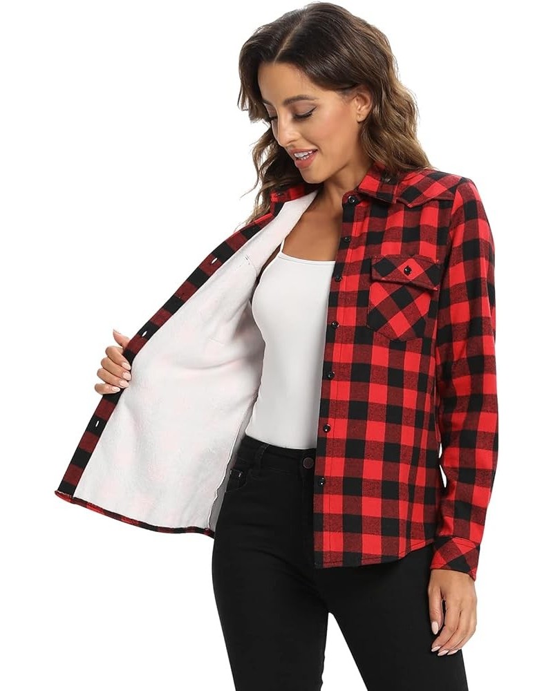 Women's Flannel Shirts Plaid Shacket, Long Sleeve Fleece Lined Shirt Jacket Winter Tops Red Black Plaid $15.75 Jackets