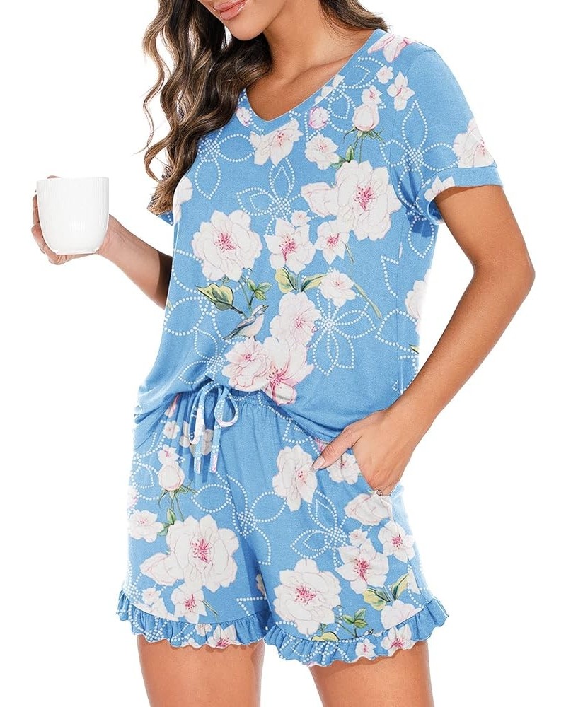 Womens Pajamas Set Lounge Sets Short Sleeve Sleepwear Soft Pjs Shorts Set with Pockets Kapok Light Blue $12.74 Sleep & Lounge