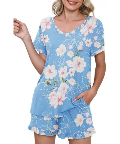 Womens Pajamas Set Lounge Sets Short Sleeve Sleepwear Soft Pjs Shorts Set with Pockets Kapok Light Blue $12.74 Sleep & Lounge