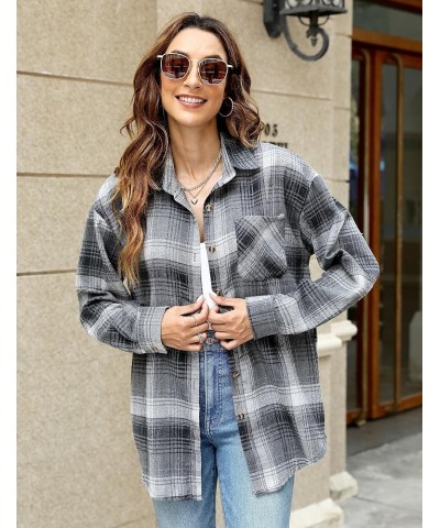 Oversized Flannel Shirt Women Long Sleeve Plaid Button Buffalo Shirt Blouse Tops with One Pocket Gray $12.50 Blouses