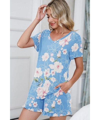 Womens Pajamas Set Lounge Sets Short Sleeve Sleepwear Soft Pjs Shorts Set with Pockets Kapok Light Blue $12.74 Sleep & Lounge