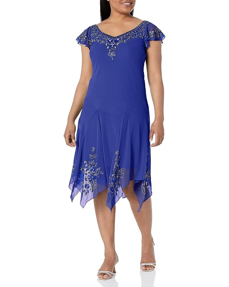 Women's Petite Flutter Sleeve Hanky Hem Short Cocktail Beaded Dress Royal/Multi $13.50 Dresses