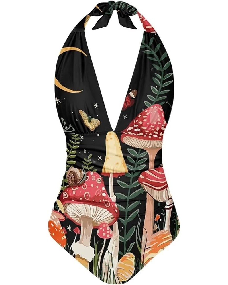 One Piece Bathing Suit for Women Sexy V-Neck Halter Swimsuit Tummy Control Mushroom Moon $14.26 Swimsuits