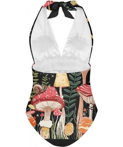 One Piece Bathing Suit for Women Sexy V-Neck Halter Swimsuit Tummy Control Mushroom Moon $14.26 Swimsuits