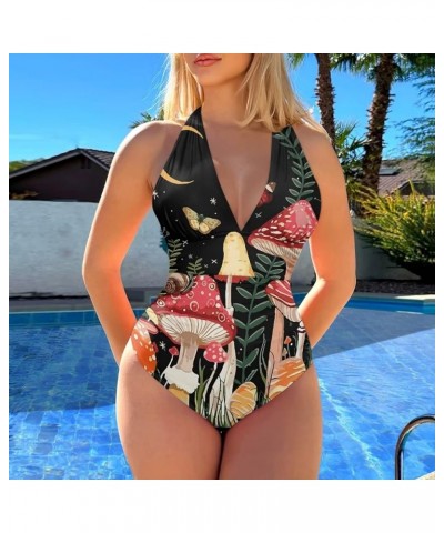 One Piece Bathing Suit for Women Sexy V-Neck Halter Swimsuit Tummy Control Mushroom Moon $14.26 Swimsuits