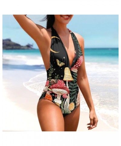 One Piece Bathing Suit for Women Sexy V-Neck Halter Swimsuit Tummy Control Mushroom Moon $14.26 Swimsuits