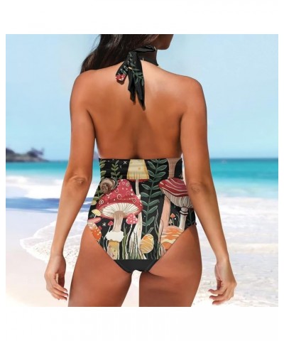 One Piece Bathing Suit for Women Sexy V-Neck Halter Swimsuit Tummy Control Mushroom Moon $14.26 Swimsuits