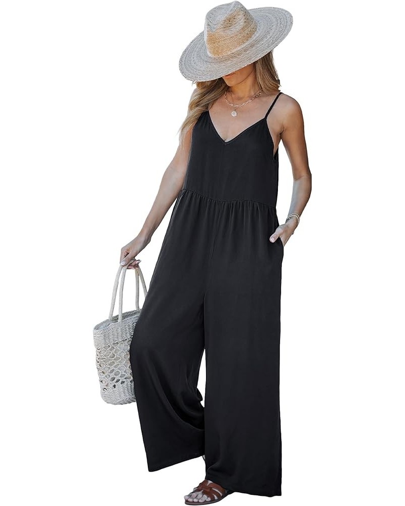 Wide Leg Jumpsuits for Women Sleeveless Baggy Casual Summer Flowy Loose Spaghetti Strap Jumpsuit with Pockets Black $19.60 Ju...