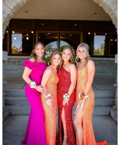 Sequin Prom Dresses 2024 One Shoulder Mermaid Evening Gowns Slit Long Formal Party Dresses Red $35.52 Dresses