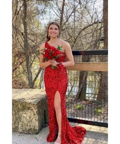 Sequin Prom Dresses 2024 One Shoulder Mermaid Evening Gowns Slit Long Formal Party Dresses Red $35.52 Dresses