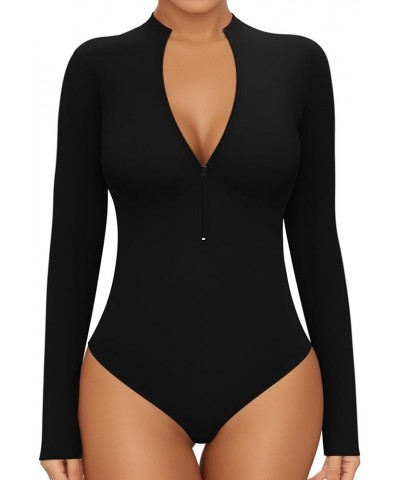 Long Sleeve Body Suit Mock Turtle Neck Zip Up Bodysuit for Women Ribbed Deep V Sexy Bodysuit Shirts A-long Sleeve Black (Mock...