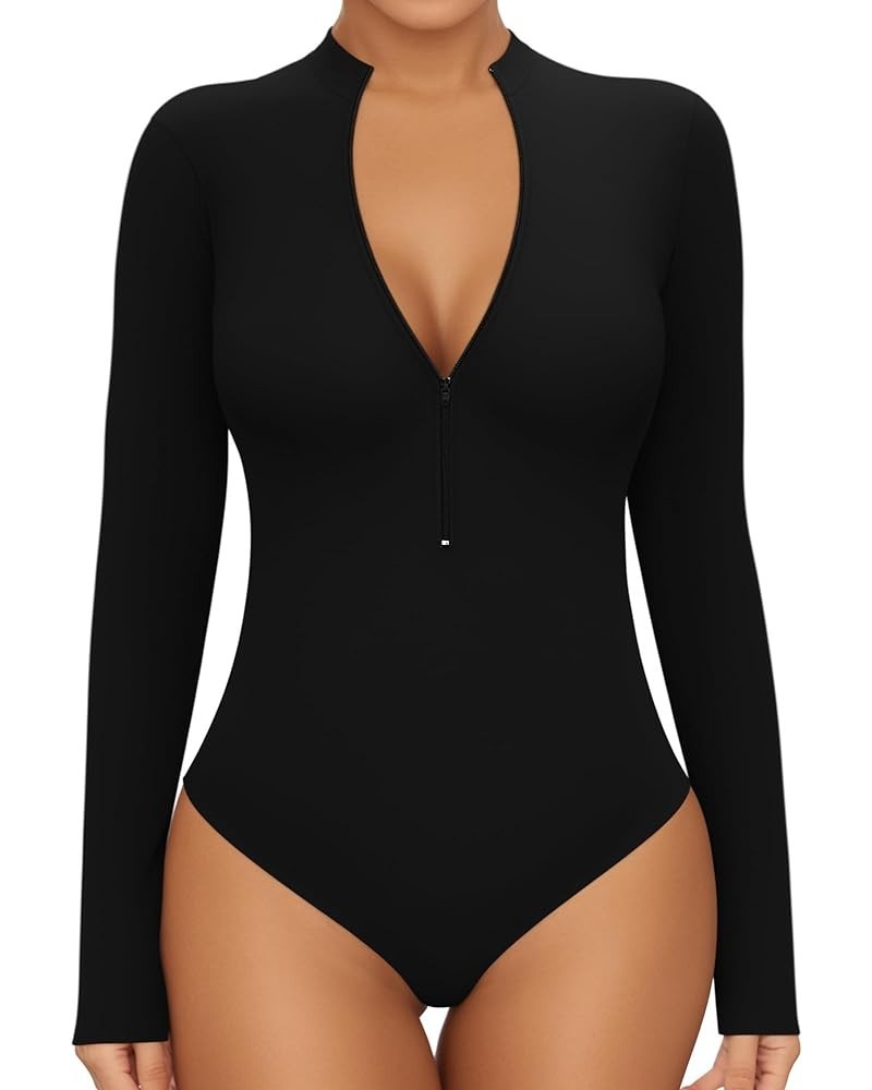 Long Sleeve Body Suit Mock Turtle Neck Zip Up Bodysuit for Women Ribbed Deep V Sexy Bodysuit Shirts A-long Sleeve Black (Mock...