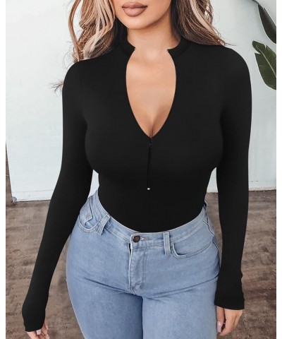 Long Sleeve Body Suit Mock Turtle Neck Zip Up Bodysuit for Women Ribbed Deep V Sexy Bodysuit Shirts A-long Sleeve Black (Mock...