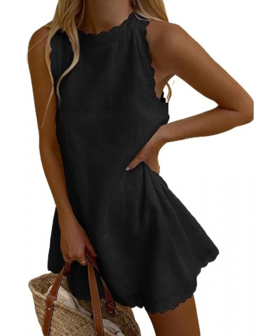 Sleeveless Tank Dress for Women Scallop Trim Basic Solid Color Mini Dress Back Zipper Linen Summer Beach Sundress Black $9.46...