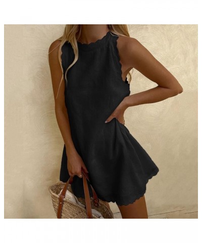 Sleeveless Tank Dress for Women Scallop Trim Basic Solid Color Mini Dress Back Zipper Linen Summer Beach Sundress Black $9.46...