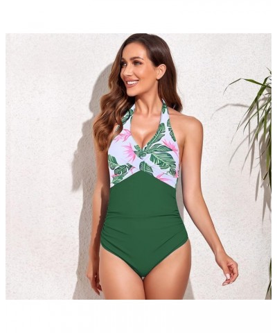 Women V Neck One Piece Swimsuits Tummy Control Ruched Swimwear Halter Bathing Suit A-green $9.90 Swimsuits