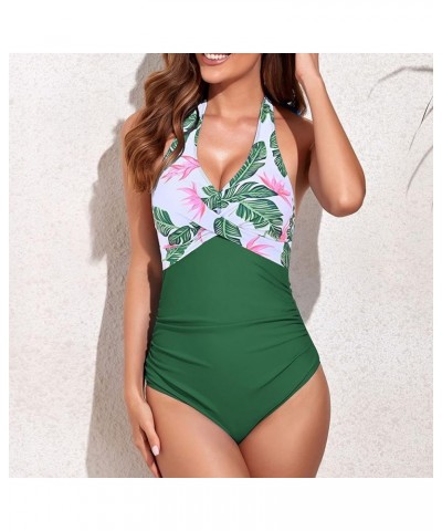 Women V Neck One Piece Swimsuits Tummy Control Ruched Swimwear Halter Bathing Suit A-green $9.90 Swimsuits