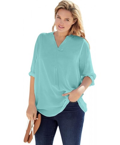 Women's Plus Size Three-Quarter Sleeve Tab-Front Tunic Azure $19.11 T-Shirts