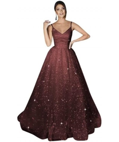 Glitter Tulle Wedding Dresses Spaghetti Straps Prom Dresses 2023 Long V Neck Ball Gowns for Women Formal Burgundy $33.60 Dresses