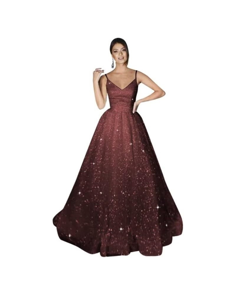 Glitter Tulle Wedding Dresses Spaghetti Straps Prom Dresses 2023 Long V Neck Ball Gowns for Women Formal Burgundy $33.60 Dresses