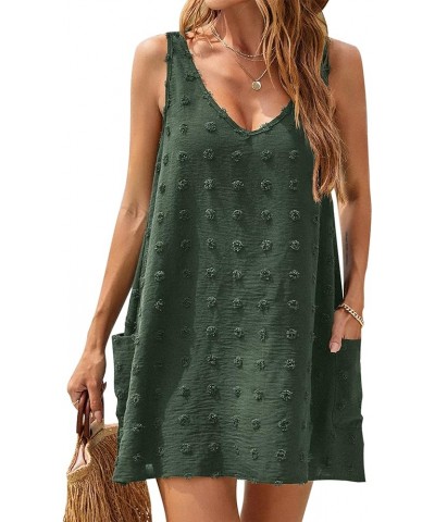 Womens Casual Sun Summer Dresses Swiss Polka Dot Beach Cover Up V Neck Tank Dress with Pockets Army Green $16.34 Swimsuits