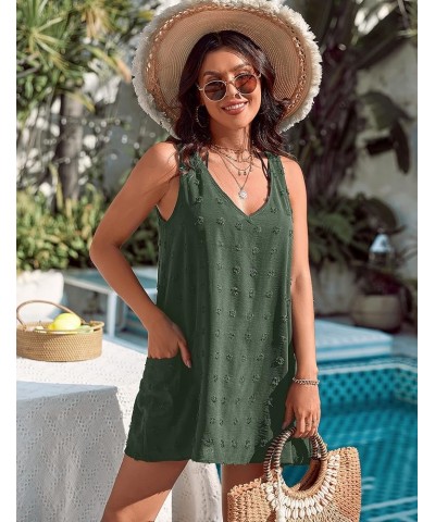 Womens Casual Sun Summer Dresses Swiss Polka Dot Beach Cover Up V Neck Tank Dress with Pockets Army Green $16.34 Swimsuits