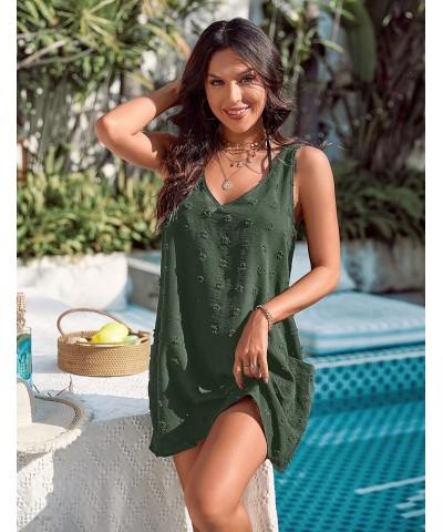 Womens Casual Sun Summer Dresses Swiss Polka Dot Beach Cover Up V Neck Tank Dress with Pockets Army Green $16.34 Swimsuits