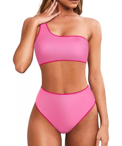 Women One Shoulder High Waisted Bikini Tie High Cut Two Piece Swimsuits Rose Pink-015 $13.92 Swimsuits