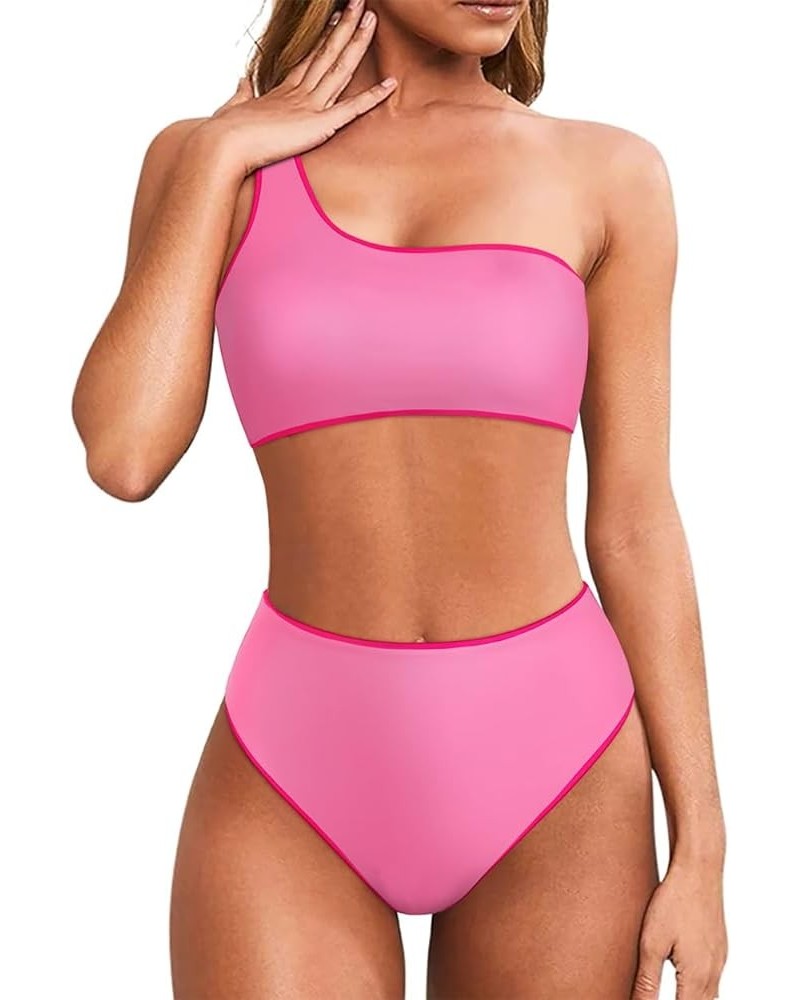 Women One Shoulder High Waisted Bikini Tie High Cut Two Piece Swimsuits Rose Pink-015 $13.92 Swimsuits