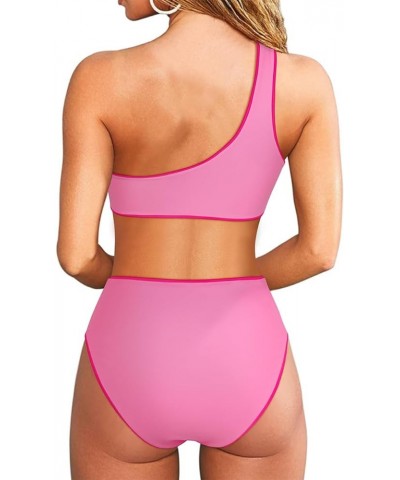 Women One Shoulder High Waisted Bikini Tie High Cut Two Piece Swimsuits Rose Pink-015 $13.92 Swimsuits