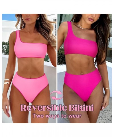 Women One Shoulder High Waisted Bikini Tie High Cut Two Piece Swimsuits Rose Pink-015 $13.92 Swimsuits