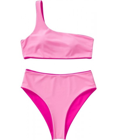 Women One Shoulder High Waisted Bikini Tie High Cut Two Piece Swimsuits Rose Pink-015 $13.92 Swimsuits