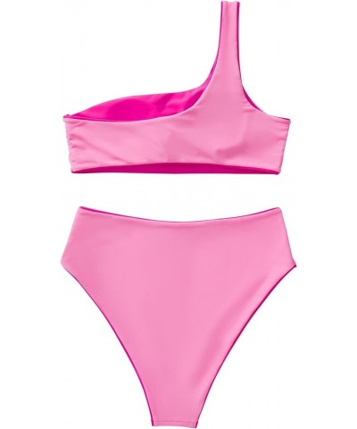 Women One Shoulder High Waisted Bikini Tie High Cut Two Piece Swimsuits Rose Pink-015 $13.92 Swimsuits