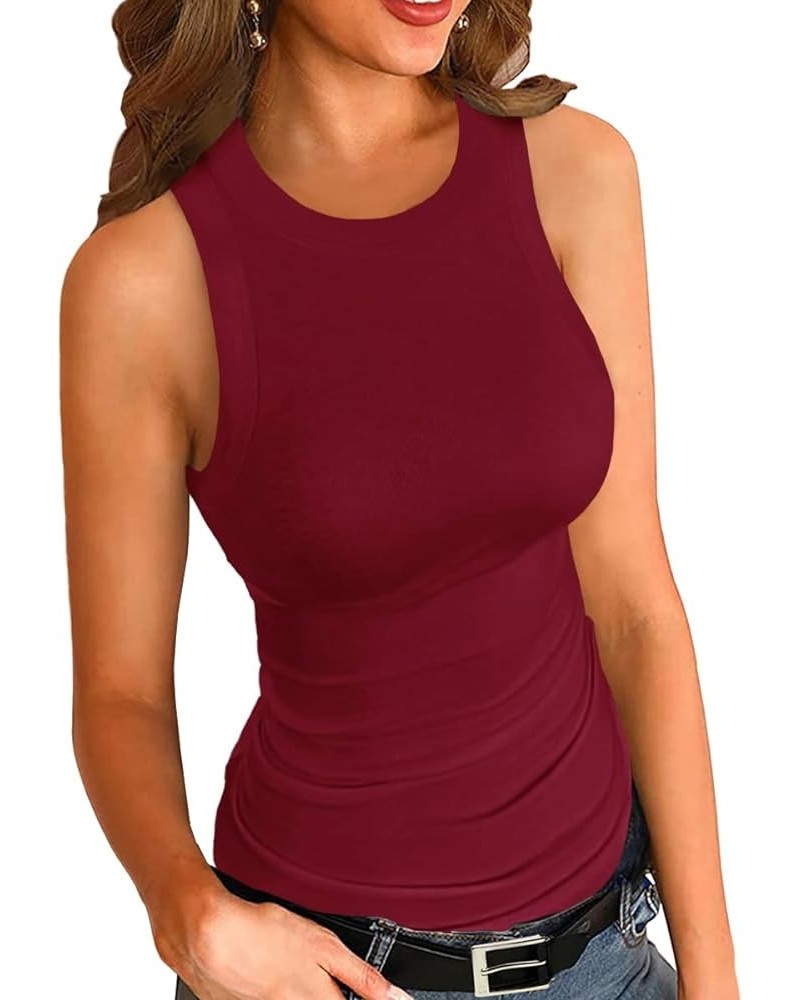 Women Tank Tops Summer Sleeveless Basic Cami Shirt Slim Knit Ribbed Racerback Blouses Burgundy $11.51 Tanks