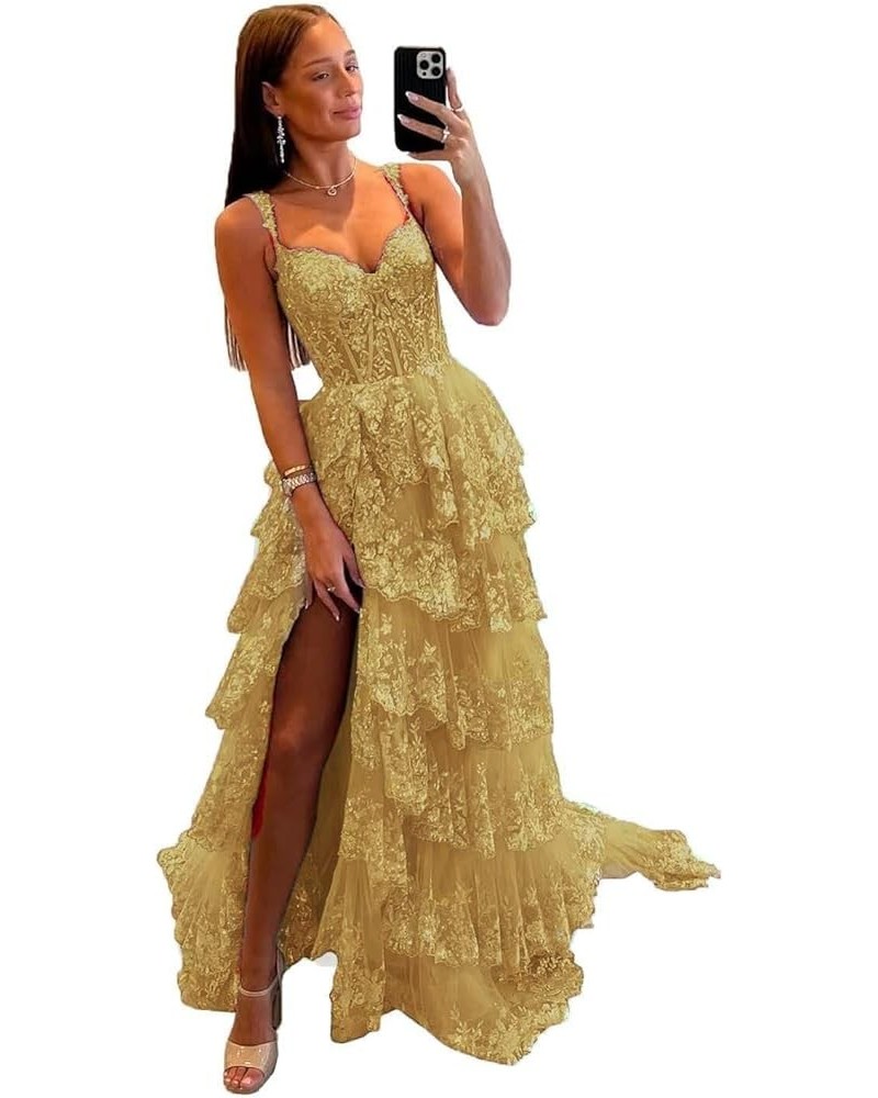 Women's Sparkly Off Shoulder Lace Appliques Prom Dresses 2024 Long Slit Formal Dress Ball Gown Tiered Evening Gowns Gold $50....