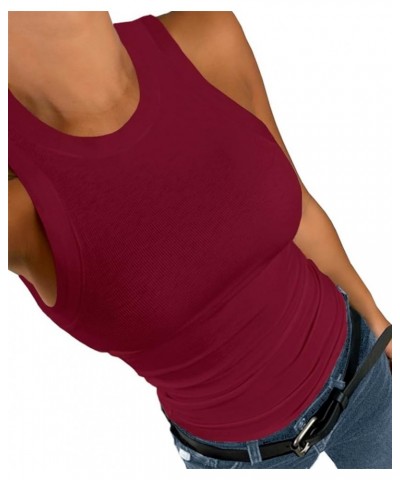 Women Tank Tops Summer Sleeveless Basic Cami Shirt Slim Knit Ribbed Racerback Blouses Burgundy $11.51 Tanks