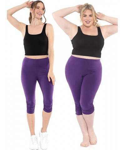 Women's and Plus Oh So Soft Knee Length Cuff Ruched Leggings | S-3XL Purple $11.04 Leggings