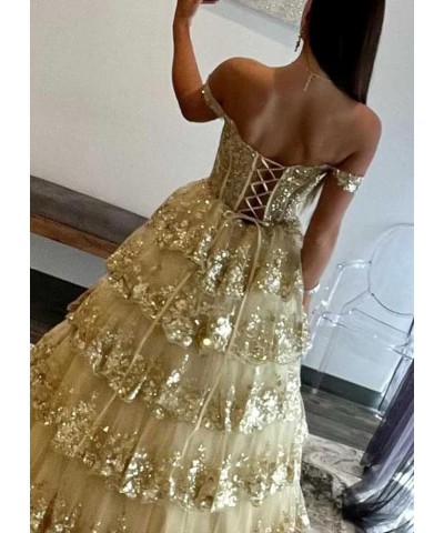 Women's Sparkly Off Shoulder Lace Appliques Prom Dresses 2024 Long Slit Formal Dress Ball Gown Tiered Evening Gowns Gold $50....