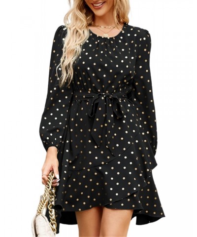 Wedding Guest Dresses for Women with Long Sleeves Gold Polka Dot Fall Ruffle Tiered Dresses $19.35 Dresses