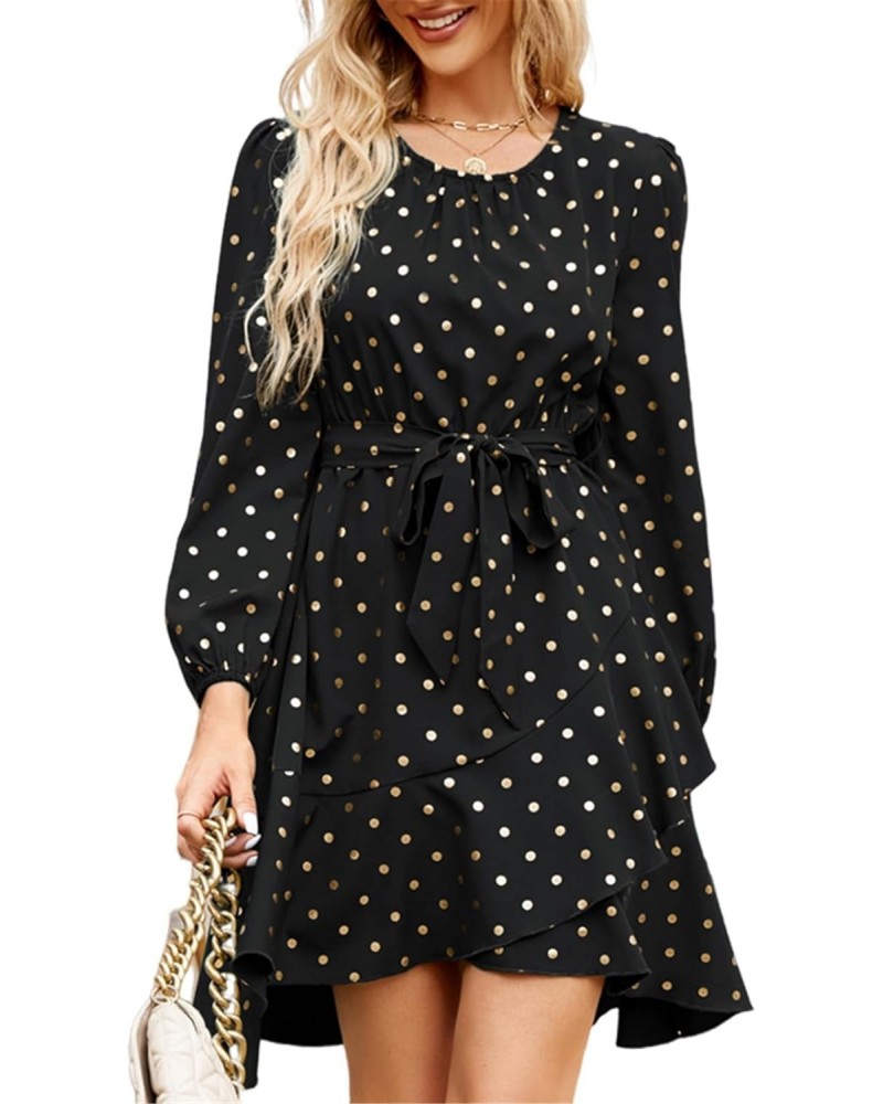 Wedding Guest Dresses for Women with Long Sleeves Gold Polka Dot Fall Ruffle Tiered Dresses $19.35 Dresses